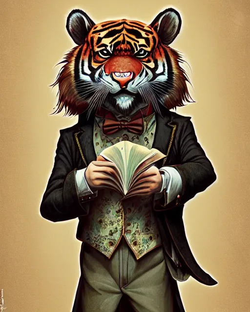 Image similar to anthropomorphic art of a detective tiger, victorian inspired clothing by artgerm, victo ngai, ryohei hase, artstation. fractal papersand books. highly detailed digital painting, smooth, global illumination, fantasy art by greg rutkowsky, karl spitzweg