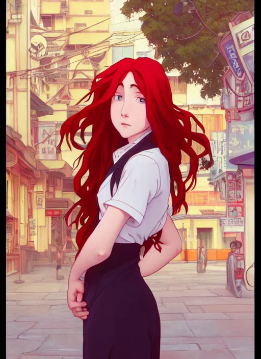 Prompt: young woman with long red hair standing at the corner of a busy street, path traced, highly detailed, high quality, digital painting, by studio ghibli and alphonse mucha, leesha hannigan, makoto shinkai, disney