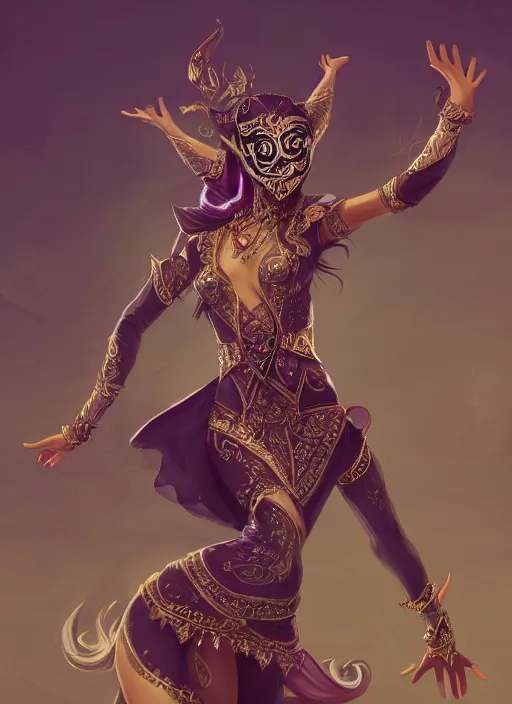 Image similar to a highly detailed illustration of a masked elegant elf arabian dancer, gracefully belly dancing pose, waving arms, intricate, elegant, highly detailed, centered, digital painting, artstation, concept art, smooth, sharp focus, league of legends concept art, WLOP