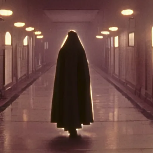 Prompt: a nun walking in the danvers state hospital. still from blade runner.