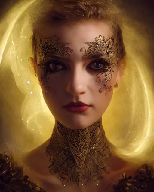 Image similar to lightpainting, diffuse lighting, fantasy, intricate wiccan facial lightpainting, elegant light, highly detailed, lifelike, photorealistic, digital painting, artstation, concept art, smooth, sharp focus, art by john collier, albert aublet, krenz cushart, artem demura, michael bosanko