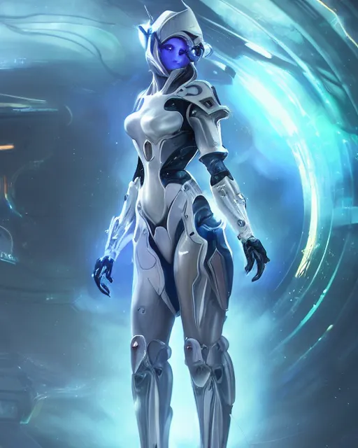 Image similar to perfect android girl on a mothership, warframe armor, beautiful face, scifi, futuristic, galaxy, nebula, raytracing, dreamy, long white hair, blue cyborg eyes, sharp focus, cinematic lighting, highly detailed, artstation, divine, by gauthier leblanc, kazuya takahashi, huifeng huang