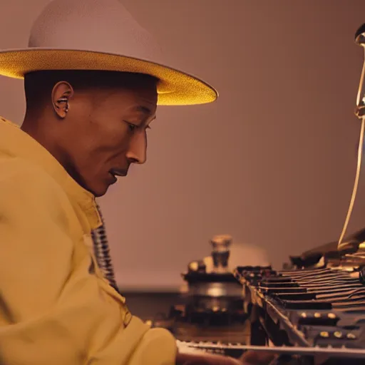 Image similar to cinematic film still of Pharrell Williams Making A Beat with an anthropomorphic alien, Japanese VFX, 2018, 400mm lens, f1.8, shallow depth of field,film photography