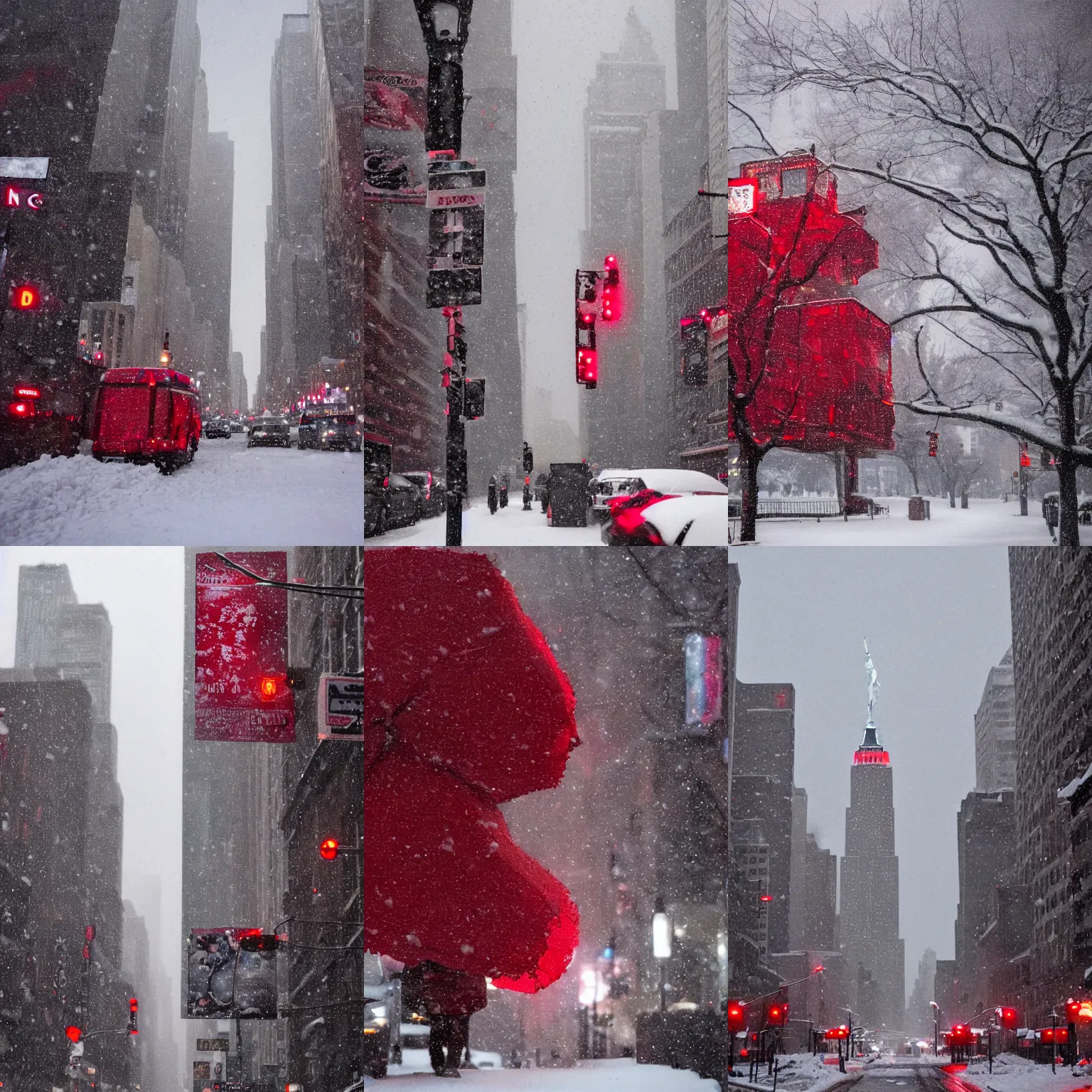 Prompt: a blizzard of red snow covering New York City