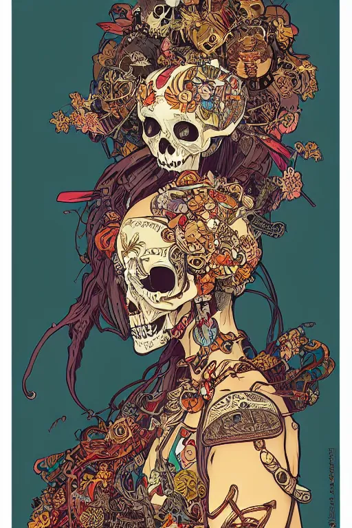 Image similar to beautiful skull cyborg girl female illustration detailed patterns art of thai traditional dress, pop art, splash painting, art by geof darrow, ashley wood, alphonse mucha, makoto shinkai