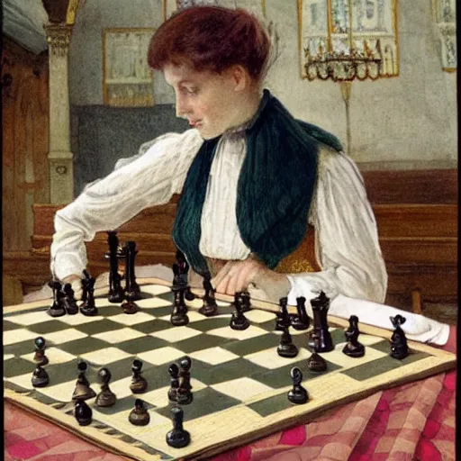 Image similar to a young edwardian woman playing chess against a rabbit inside a church in the style of Carl Larsson