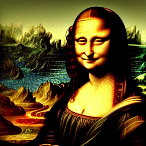 Image similar to failed restoration of mona lisa, modernized features, partly ruined painting