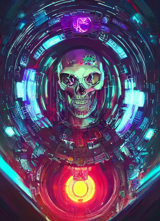 Image similar to a futuristic skull with glowing eyes and a wormhole tunnel cyberpunk art by android jones, cyberpunk art by beeple!!!!, featured on artstation, darksynth, synthwave