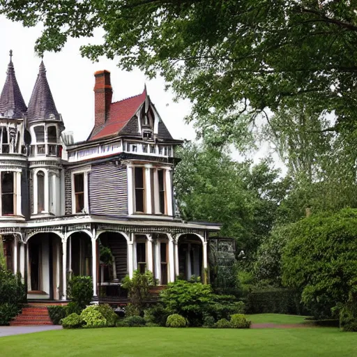 Image similar to beautiful victorian house, queen anne, mansard roof, turrets, photography, awarding winning, high quality, high resolution