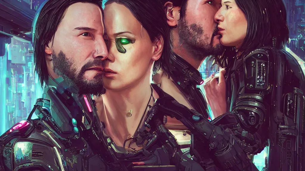 Image similar to a cyberpunk 2077 couple portrait of one Keanu Reeves and one female android final kiss,love,film lighting,by Laurie Greasley,Lawrence Alma-Tadema,Andrei Riabovitchev,Dan Mumford,John Wick,Speed,Replicas,artstation,deviantart,FAN ART,full of color,Digital painting,face enhance,highly detailed,8K,octane,golden ratio,cinematic lighting