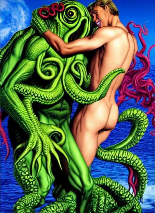 Image similar to mills and boon romance novel cover with cthulhu and fabio, they are in love