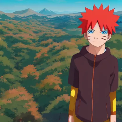 Image similar to red haired teen boy, standing a five kage summit, konohagakure in the background, naruto leaf village, digital painting, artstation, highly detailed, by makoto shinkai and thomas kindle and James gilleard