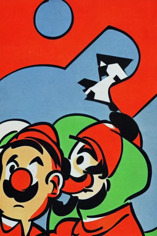 Image similar to a soviet propaganda poster with mario and luigi looking at the horizon, 1 9 5 2, futurism