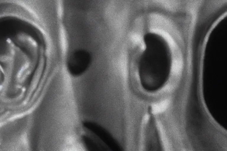 Prompt: a cinematic black and white image of c 3 p 0 looking a human ear, a film by david lynch