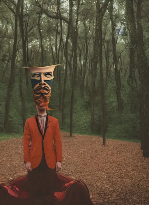 Image similar to a person wearing a Dali mask in an open forest cinema style of Wes Anderson