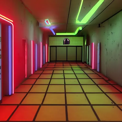 Image similar to abandoned movie theatre hallway, high contrast neon lighting, playstation 1 game, low poly graphics