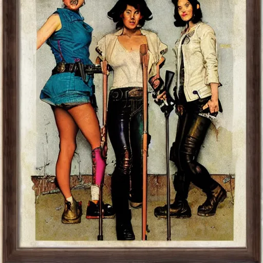 Image similar to portrait of three cyberpunk female outlaws, by norman rockwell