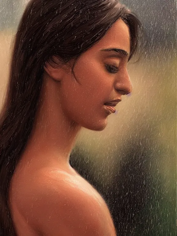 Image similar to an ultradetailed beautiful portrait painting of an young cuban woman enjoying the rain, side view, oil painting, high resolution, by ilya kuvshinov, greg rutkowski and makoto shinkai