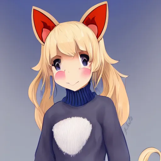 Prompt: rating : safe score : 5 1 2 tags : 1 girl absurdres animal _ ear _ fluff animal _ ears bangs blonde _ hair blue _ eyes blue _ sweater blush cowboy _ shot dress eyebrows _ visible _ through _ hair fang fox _ ears fox _ girl fox _ tail highres large _ tail long _ hair looking _ at _ viewer solo standing white _ dress