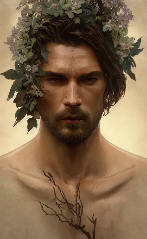 Image similar to god of the forest, 3 0 years old, rugged handsome, male, gorgeous, detailed face, clean lines, cinematic light, amazing, full body, flowers, muscular, intricate, highly detailed, digital painting, artstation, concept art, sharp focus, illustration, art by greg rutkowski and alphonse mucha