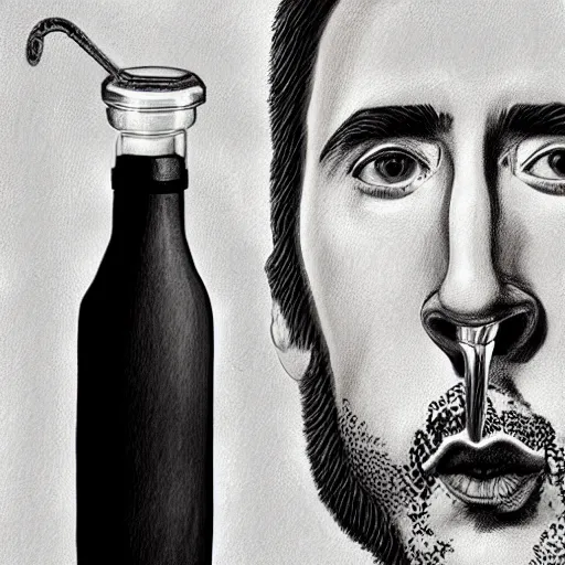 Image similar to Drinking from bottle liquid with face Nicolas Cage, Surrealism, Surreal drawing, Digital art, from artstation, art by Salvador Dali