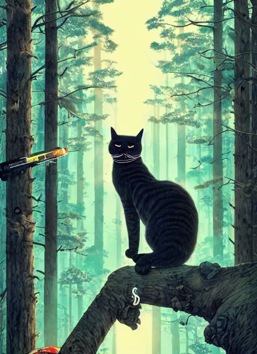 Image similar to a hyper realistic ink cat and the meaning of life and sunbeams blue sky, lush forest poster art by chiara bautista and kim jung giu and norman rockwell and greg rutkowski weta studio, and lucasfilm