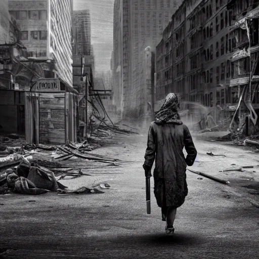 Image similar to a pencil sketch of a survivor in a post apocalyptic new york street, 4k, high detail, high-resolution photograph, professional photography, ultra-detail, sketch, drawing