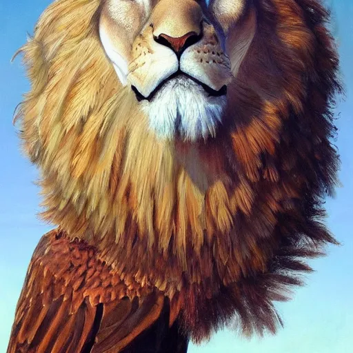 Prompt: a realistic oil painting portrait of a winged lion with an eagle head, highly detailed, trending on artstation, by james gurney and michael whelan