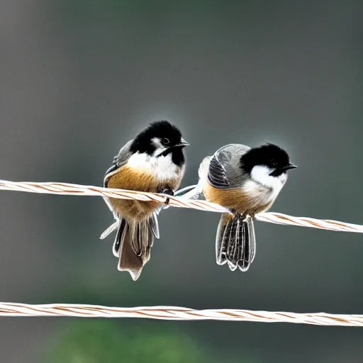 Image similar to three chickadees on a telephone wire, high quality, realistic, photograph, nature