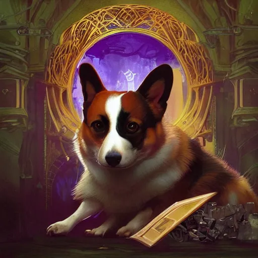 Image similar to “a magician enlarging their pet corgi through augmentation, Magic the Gathering, Simic experiment, Strixhaven, Quandrix, D&D, fantasy, intricate, cinematic lighting, highly detailed, digital painting, artstation, concept art, smooth, sharp focus, illustration, art by Artgerm and Greg Rutkowski and Alphonse Mucha”