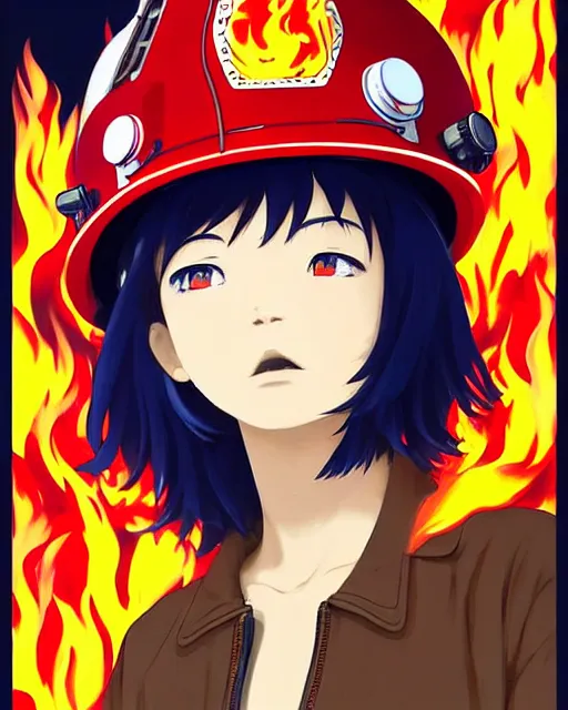 Image similar to fireman, fire helmet, flames background | | very very anime!!!, fine - face, audrey plaza, realistic shaded perfect face, fine details. anime. realistic shaded lighting poster by ilya kuvshinov katsuhiro otomo ghost - in - the - shell, magali villeneuve, artgerm, jeremy lipkin and michael garmash and rob rey