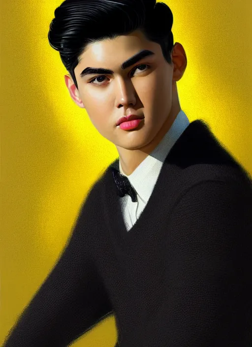 Image similar to portrait of young reggie mantle, mean smirk, egotistical, slicked back hair, striped yellow and black sweater, 1 9 5 0 s, intricate, elegant, glowing lights, highly detailed, digital painting, artstation, concept art, smooth, sharp focus, illustration, art by wlop, mars ravelo and greg rutkowski