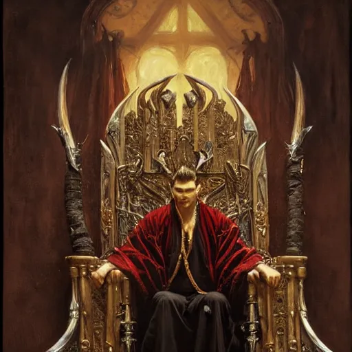 Image similar to perfectly centered portrait of attractive vampire king in a robe sitting on a throne of bones, highly detailed painting by gaston bussiere, craig mullins, j. c. leyendecker, 8 k