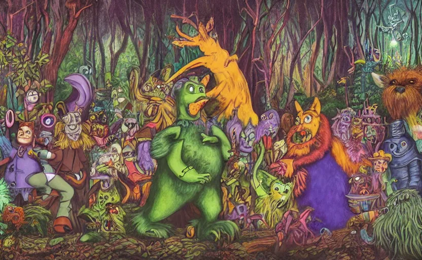 Image similar to a scene of colorful cartoon monsters in the clearing of a dark fantasy forest surrounded by darkness. hyperrealist illustration. muted colors. 1 9 7 0's pulp science fiction and fantasy cartoon for alice in wonderland and wizard of oz. highly detailed and richly colored painting by don ivan punchatz