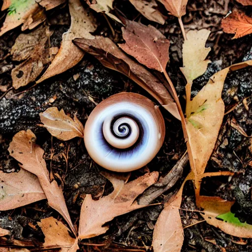 Image similar to snail on dead leaves in a forest, canon eos r 3, f / 1. 4, iso 2 0 0, 1 / 1 6 0 s, 8 k, raw, unedited, symmetrical balance, in - frame,