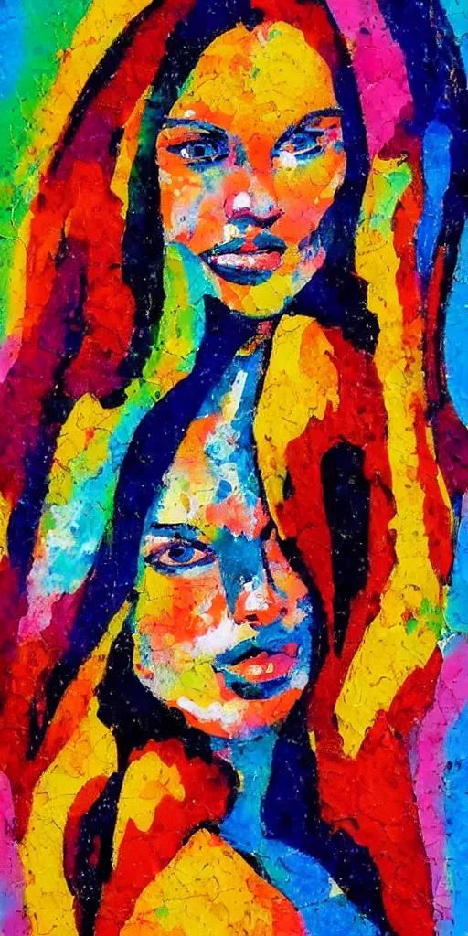 Prompt: portrait of beautiful woman painted with colorful gouache impasto