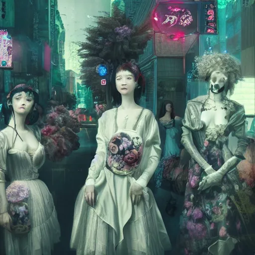 Image similar to 8k, octane render, cyberpunk painting, realism, tonalism, renaissance, rococo, baroque, group of creepy young ladies wearing long harajuku manga dress with flowers and skulls, background chaotic flowers