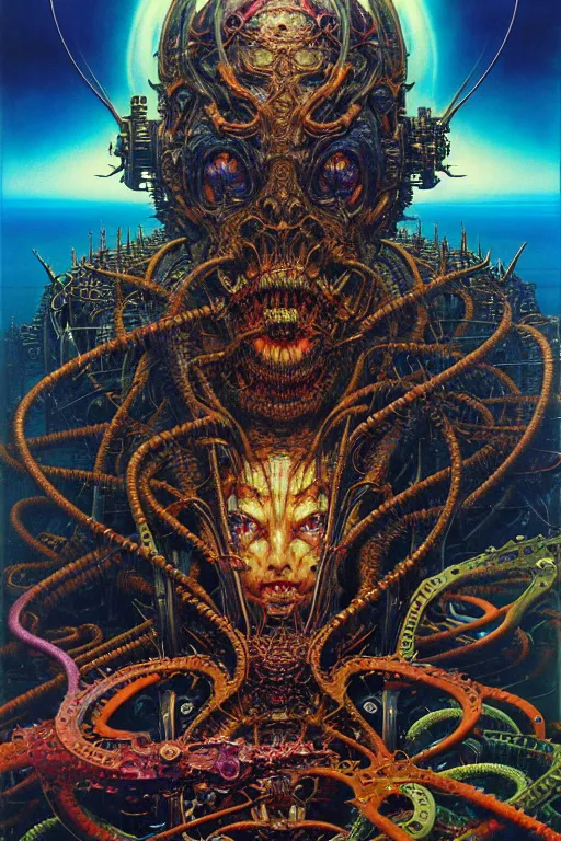 Prompt: realistic detailed image of technological nightmare abomination monster god. cinematic distance perspective, by lisa frank, ayami kojima, amano, karol bak, greg hildebrandt, and mark brooks, neo - gothic, gothic, rich deep colors. beksinski painting, part by adrian ghenie and gerhard richter. art by takato yamamoto. masterpiece