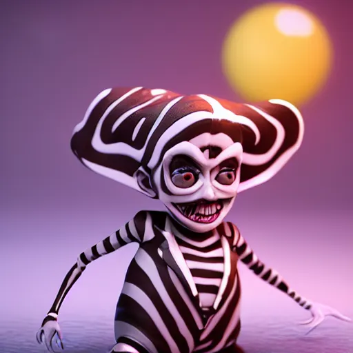 Prompt: plastic toy cute figurine of beetlejuice, blender, unreal engine, concept art, octane render, highly detailed, smooth, sharp focus