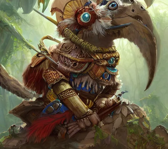 Prompt: dungeons and dragons fantasy painting, portrait, a feathered mouse spartan, 3 0 0, whimsical and cute, aztec, mayan, determined expressions, watery eyes, anime inspired, face paint, tufty whiskers, macuahuitl, in the jungle, feathered llama cavalry, by brain froud jessica rossier and greg rutkowski