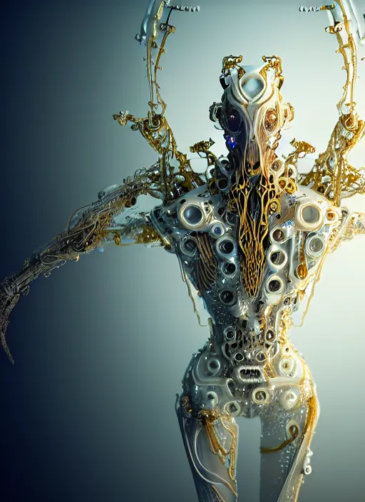 Prompt: abstract organic cyborg ornament in fluid creature, white and gold biomechanic plastic, glow lighting, fantasy, intricate, elegant, highly detailed, lifelike, photorealistic, octane render, 3d, concept art, smooth, sharp focus,