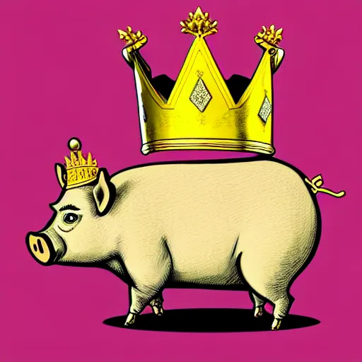 Prompt: standing pig wearing a gold crown on it's head illustration concept art in the style of Arthur Adams, full body 8k