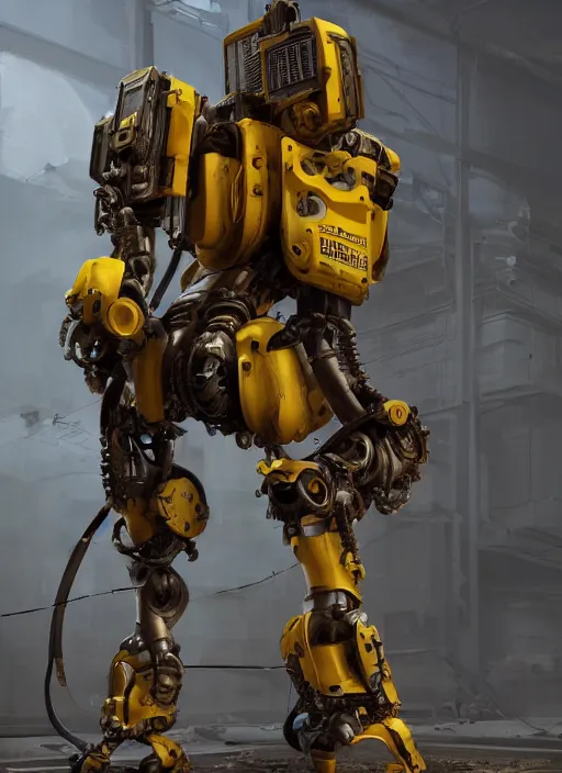 Prompt: a photorealistic dramatic hyperrealistic render of a futuristic exosuit power loader heavy machinery, ultra realistic details, glossy yellow, well worn, rust, oil stains by vitaly bulgarov and mike nash, beautiful dramatic dark moody tones and lighting, cinematic atmosphere, studio lighting, shadows, dark background, octane render, 8 k