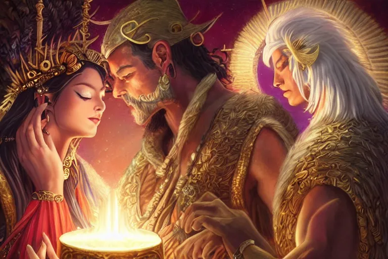 Image similar to close up moment of a divine a sun god and a moon goddess lovers magician at a wedding banquet, highly detailed, d & d, fantasy, highly detailed, digital painting, trending on artstation, concept art, sharp focus, illustration, art by artgerm and greg rutkowski and magali villeneuve