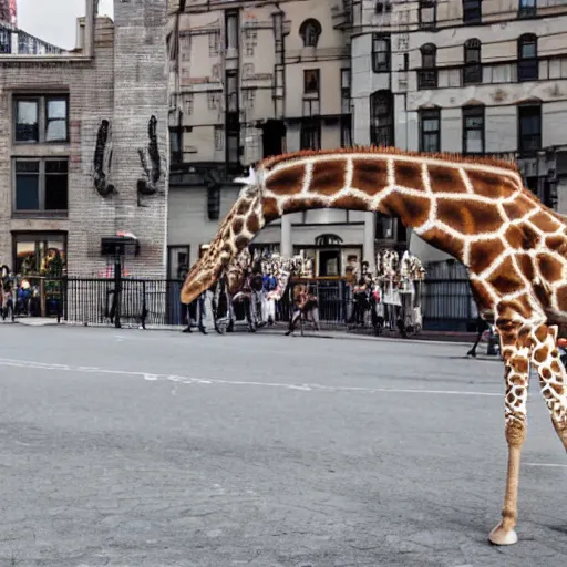 Image similar to a giraffe dancing ballet in the center of city