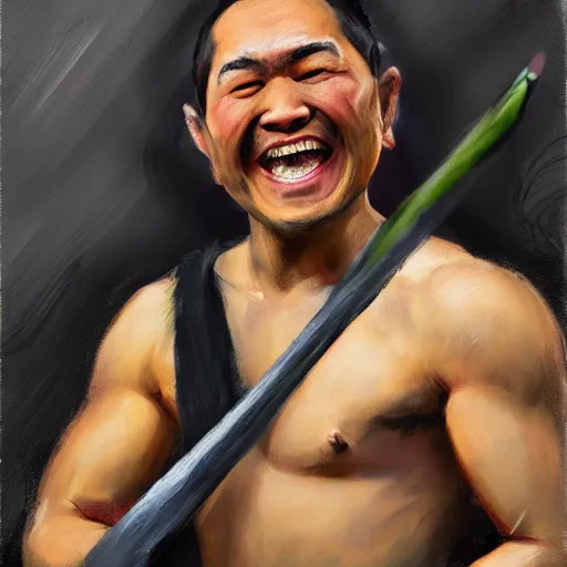 Prompt: greg manchess portrait of a laughing filipino mma fighter with a sword laughter, profile picture, organic painting, sunny day, matte painting, bold shapes, hard edges, street art, trending on artstation, by huang guangjian, gil elvgren, ruan jia, randy vargas, greg rutkowski