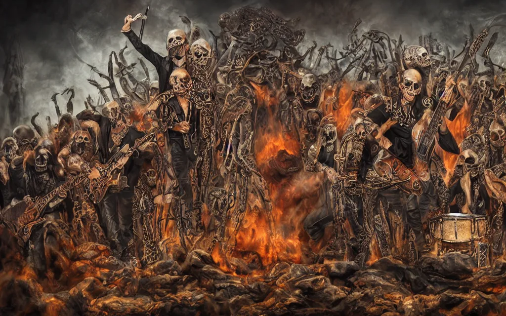 Image similar to khamenei playing drums in heavy metal band in hell, corded hanged bodies in horizon, skulls on the ground, guns, high definition, trending on artstation, unreal engine, photorealistic, high resolution,, trending on deviantart, hdr, hyper detailed, insane details, intricate, elite, ornate, elegant, luxury, dramatic lighting