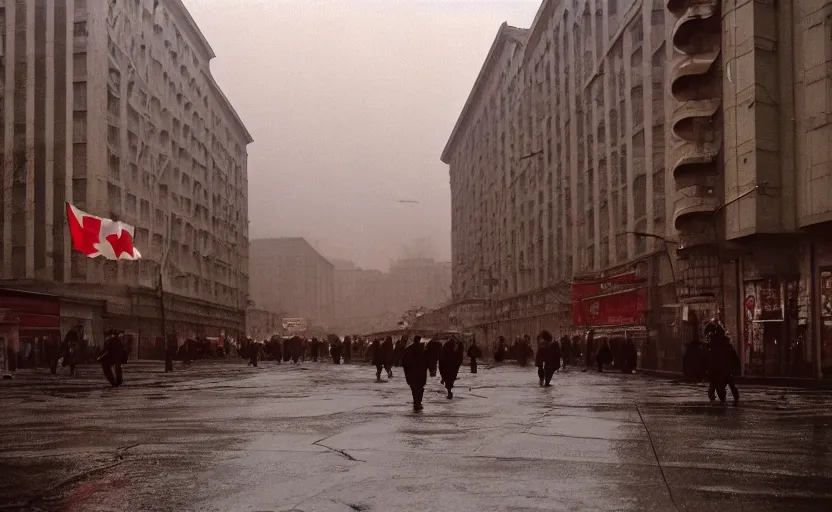 Prompt: 40s movie still of a sovietic street with pedestrians with stanilist style highrise in the backround , Cinestill 800t 18mm, heavy grainy picture, very detailed, high quality, 4k panoramic, HD criterion, dramatic lightning, streetlight at night, rain, mud, foggy, soviet flags