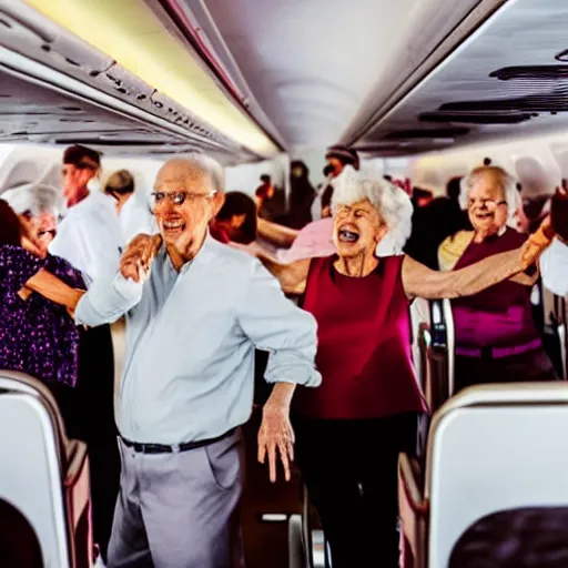 Image similar to old people dancing, inside airplane, 4k