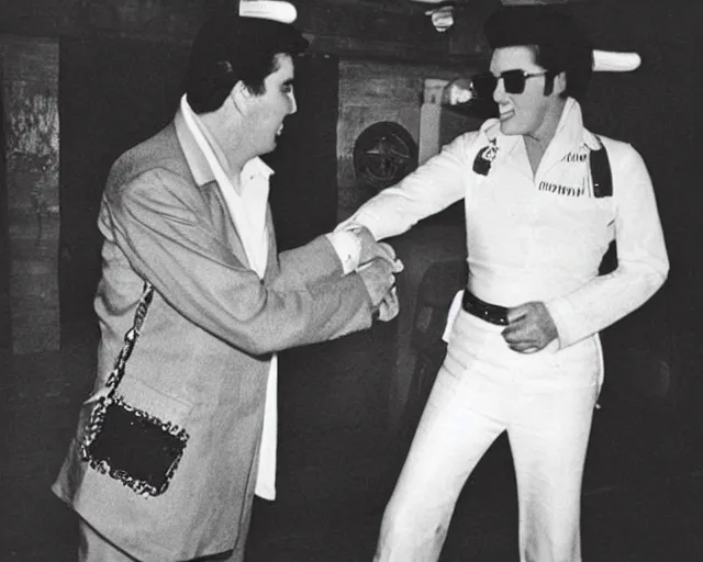 Prompt: “A vintage black and white photograph of Elvis shaking hands with an alien”